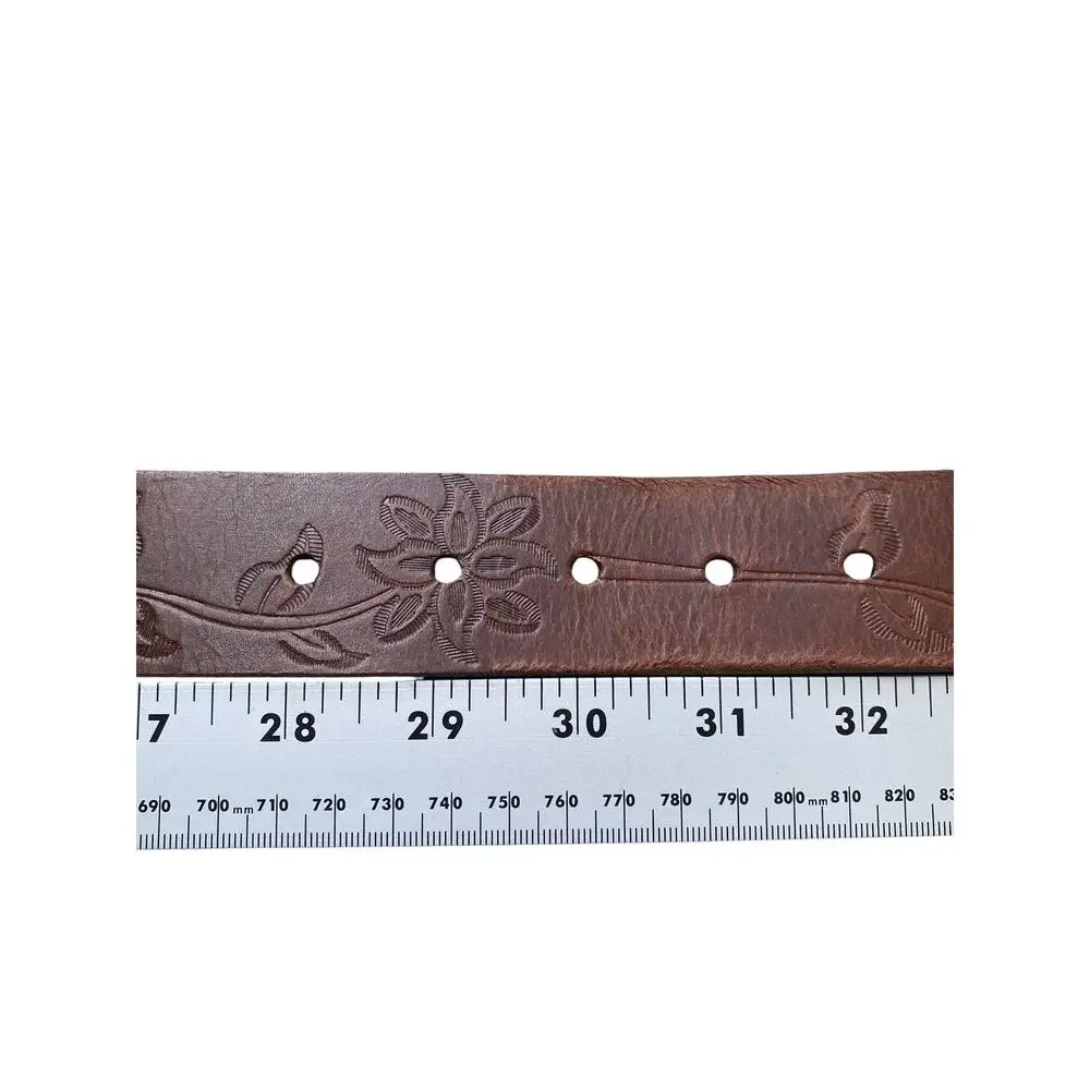 Vtg Unbranded Brown Leather Floral Tooled Western Boho Belt Small Silver Buckle